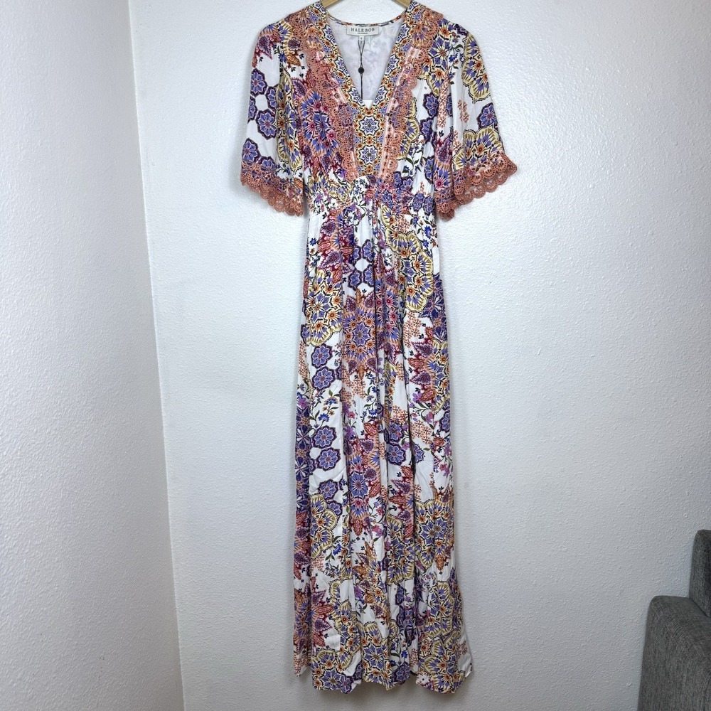 New Hale Bob Charlee Maxi Dress Women's Small Mandala Ivory Floral Boho Viscose